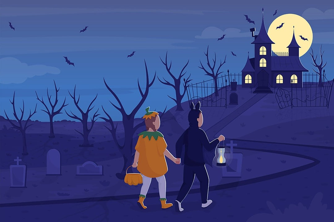Halloween night celebration flat color vector illustration set