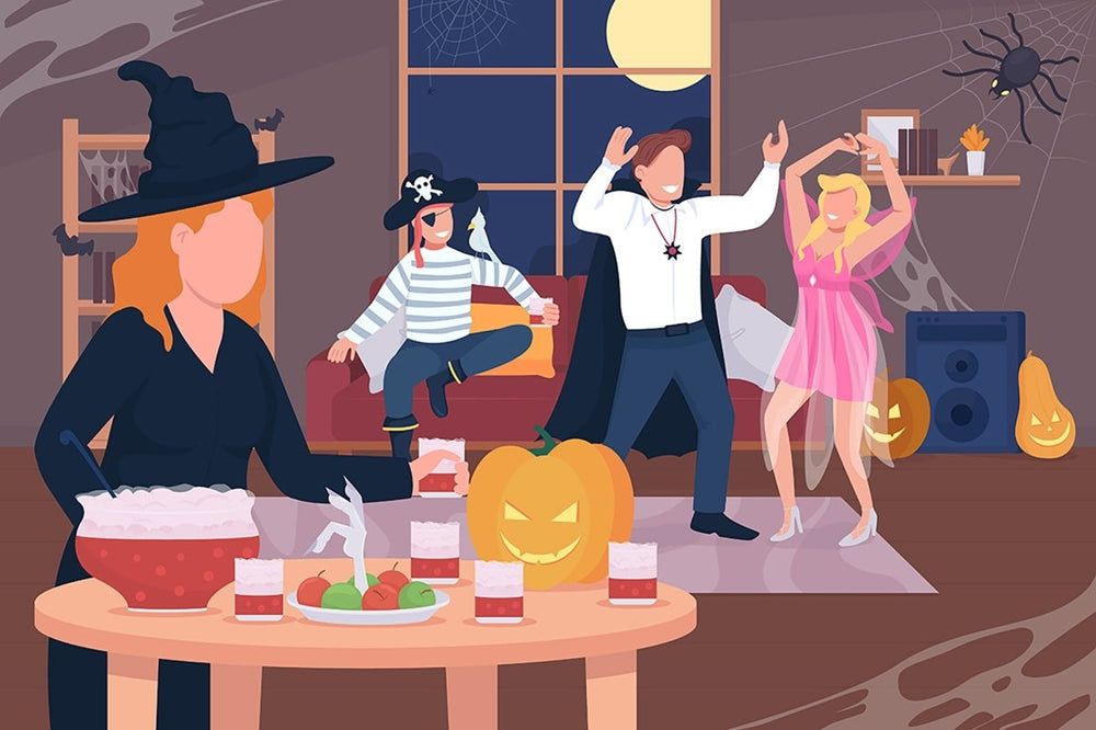 Halloween night celebration flat color vector illustration set