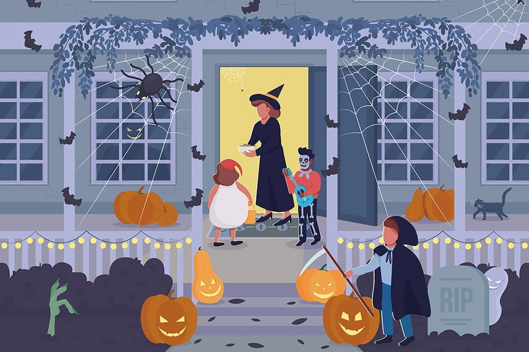 Halloween night celebration flat color vector illustration set