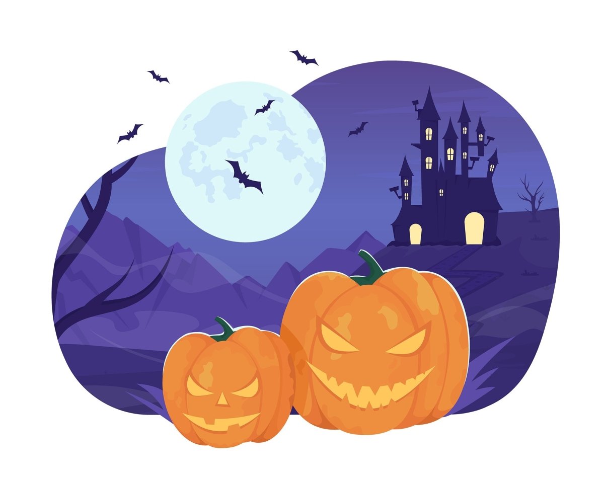 Halloween pumpkins with full moon 2D vector isolated illustration