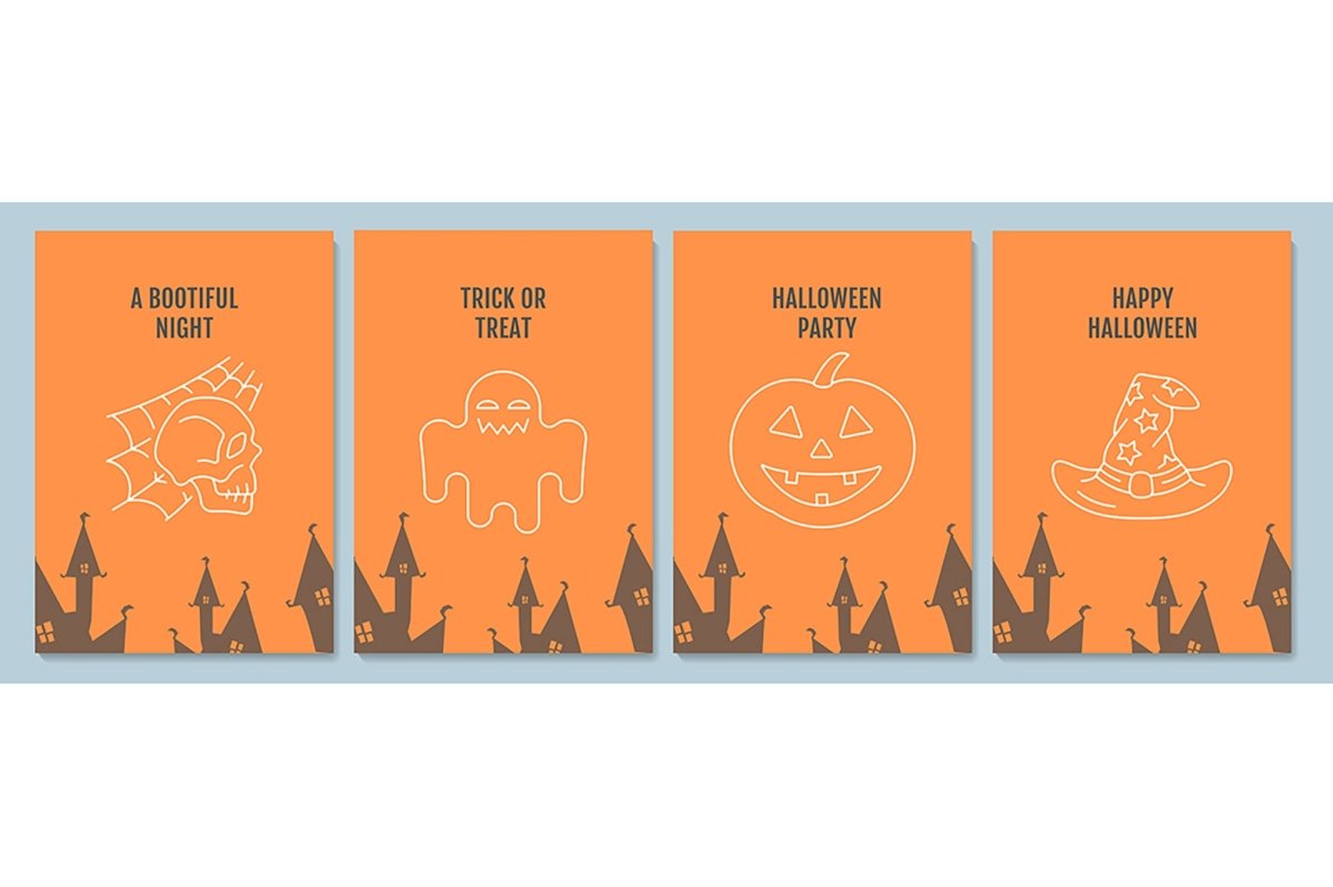 Halloween traditions postcards with linear glyph icon set