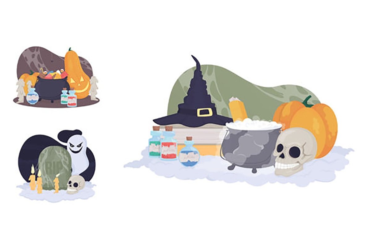 Halloween witch decor 2D vector isolated illustration set