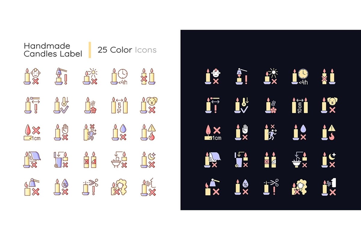 Handmade candles label light and dark theme RGB color manual label icons set