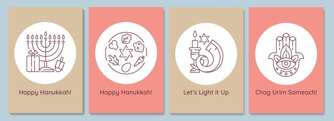 Hanukkah celebrating postcards with linear glyph icon set