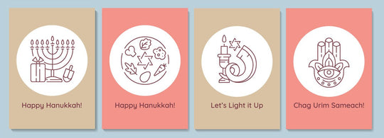 Hanukkah celebrating postcards with linear glyph icon set