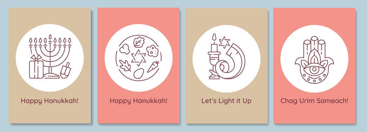 Hanukkah celebrating postcards with linear glyph icon set
