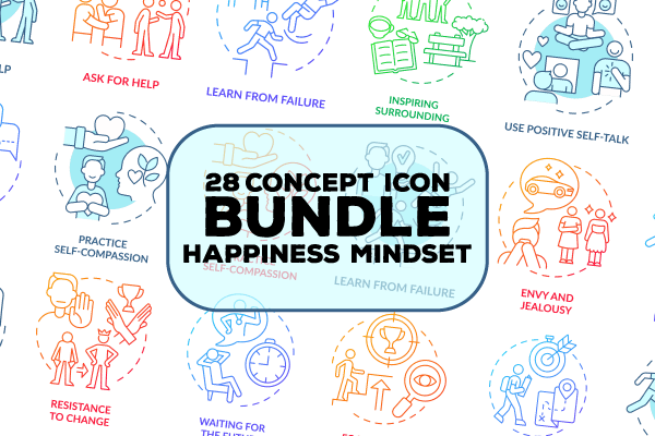 Happiness mindset concept icons bundle