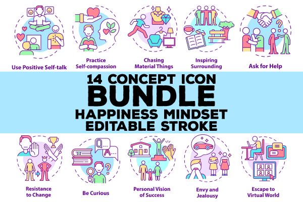 Happiness mindset concept icons bundle. Editable Stroke