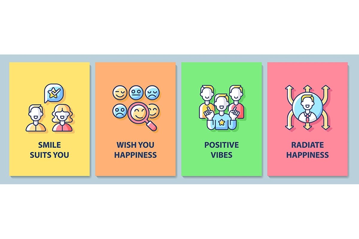 Happy and positive messages greeting card with color icon element set