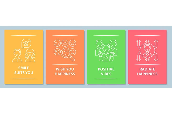 Happy and positive messages postcard with linear glyph icon set