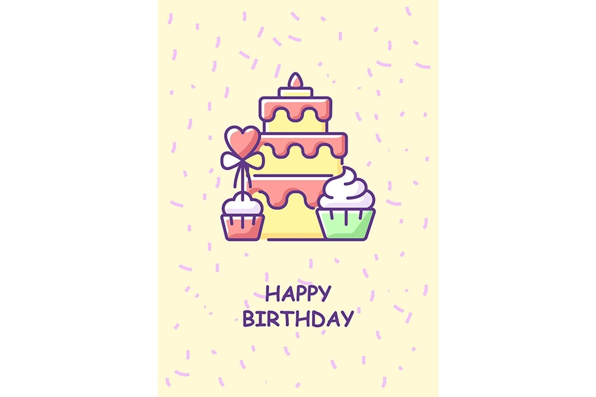 Happy birthday wishes greeting card with color icon element set