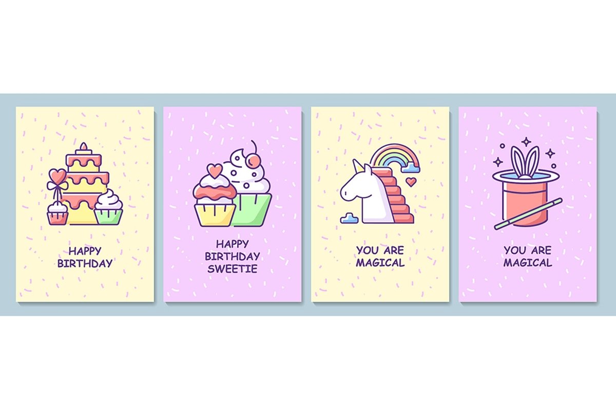 Happy birthday wishes greeting card with color icon element set