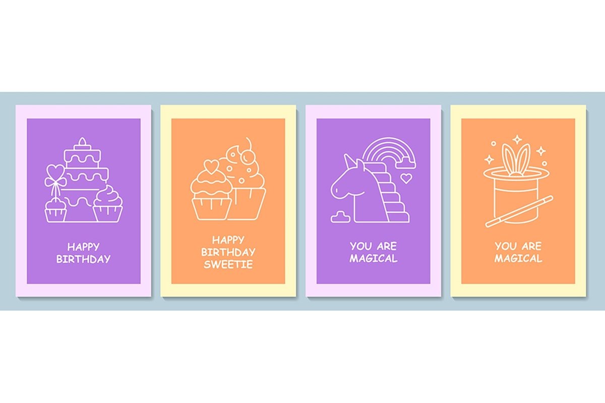Happy birthday wishes postcard with linear glyph icon set