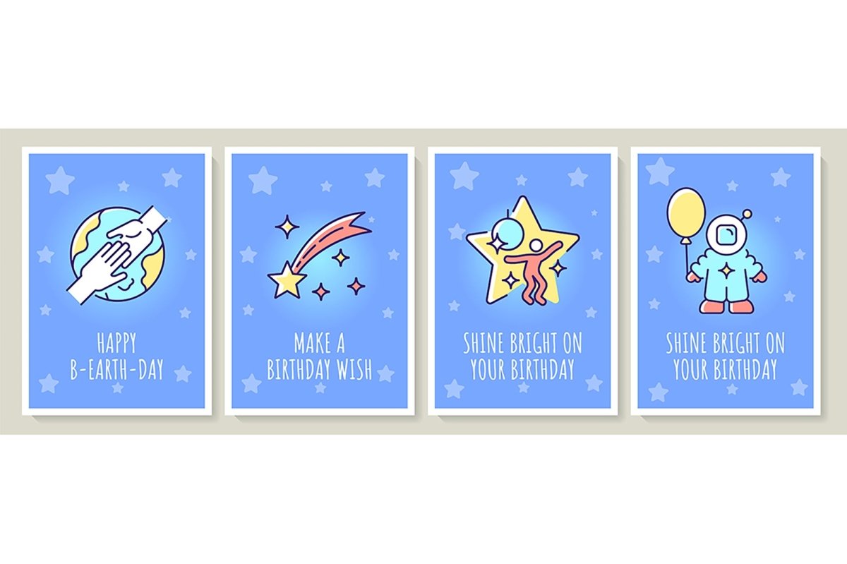 Happy cosmic birthday greeting card with color icon element set