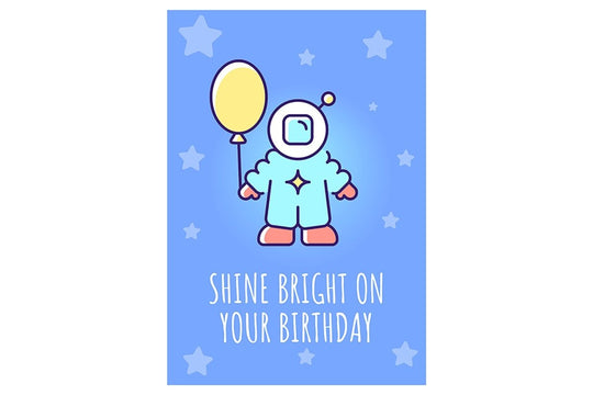 Happy cosmic birthday greeting card with color icon element set