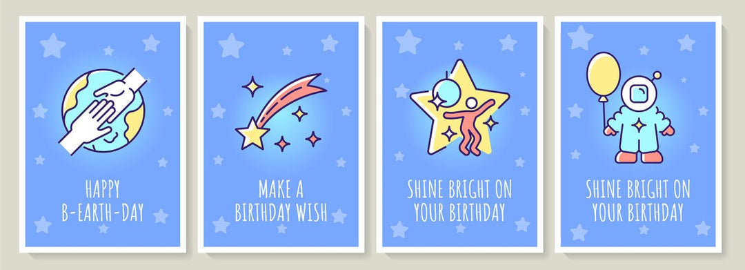 Happy cosmic birthday greeting card with color icon element set
