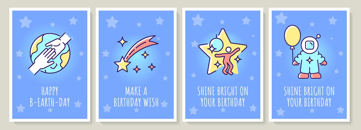 Happy cosmic birthday greeting card with color icon element set