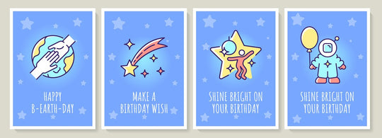 Happy cosmic birthday greeting card with color icon element set