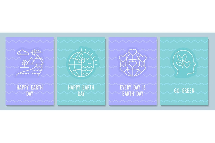 Happy Earth day postcard with linear glyph icon set