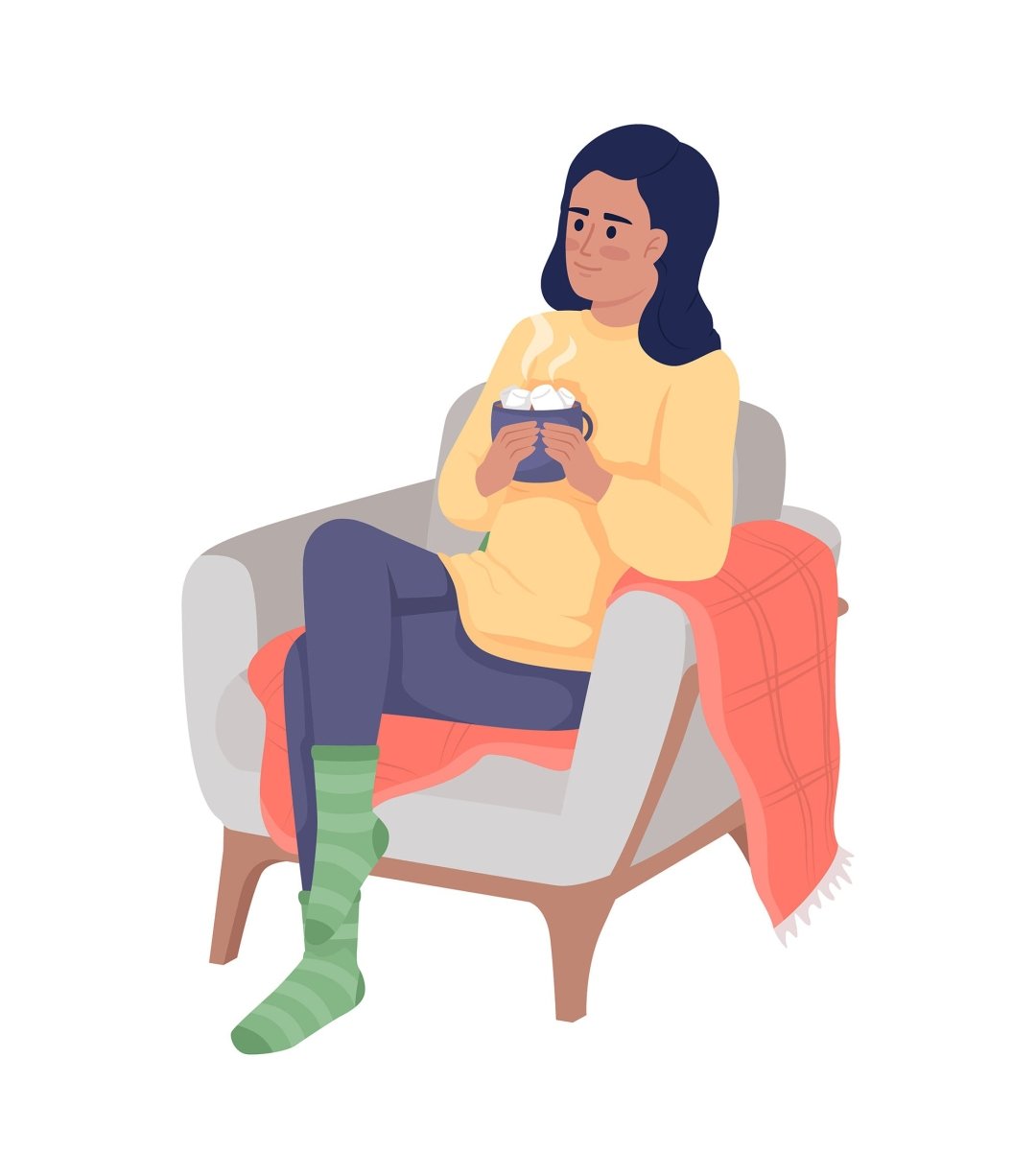 Happy girl sitting in armchair with hot cocoa semi flat color vector character