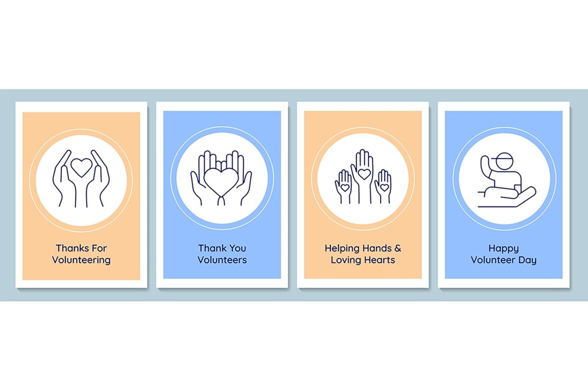 Happy global volunteer day postcards with linear glyph icon set