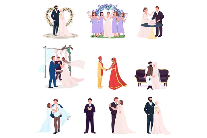 Happy newlyweds couples vector character set