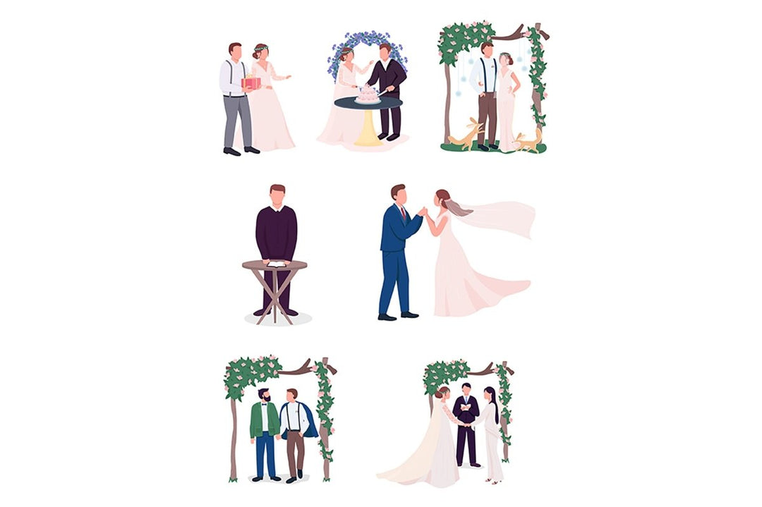 Happy newlyweds couples vector character set