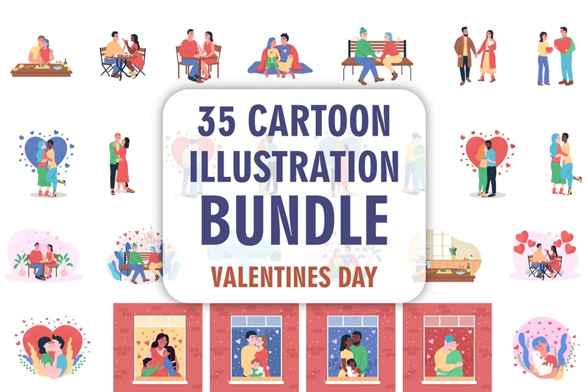 Happy Valentines day color vector illustration bundle