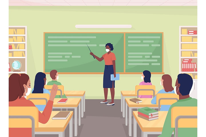 High school classes flat color vector illustration set