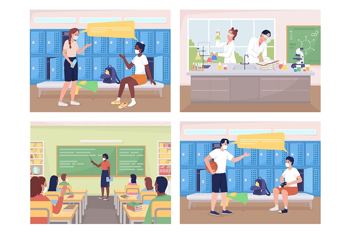High school classes flat color vector illustration set