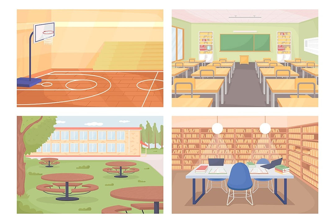 High school flat color vector illustration set