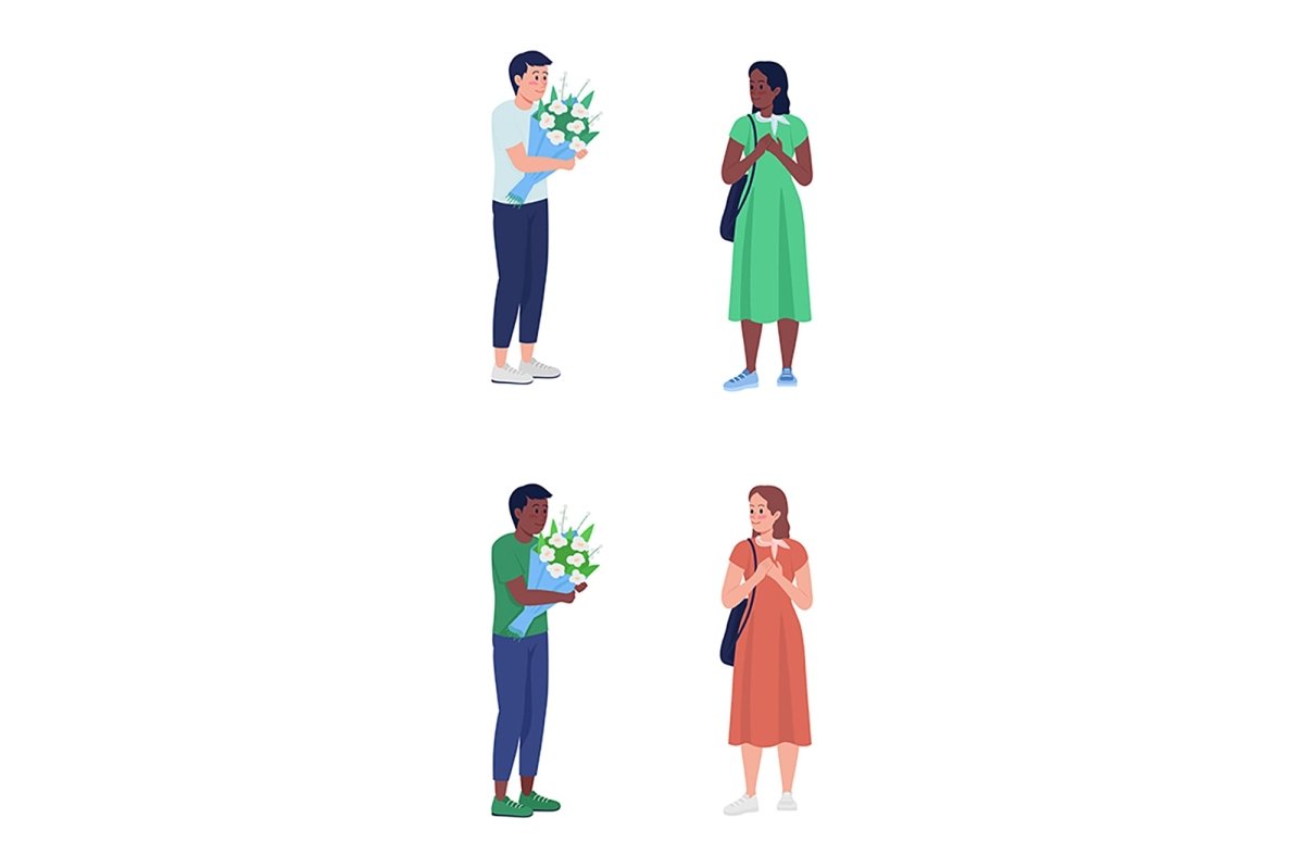 High school sweethearts semi flat color vector characters set