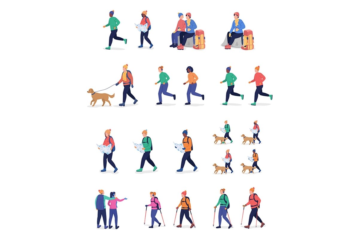 Hiking person color vector character set