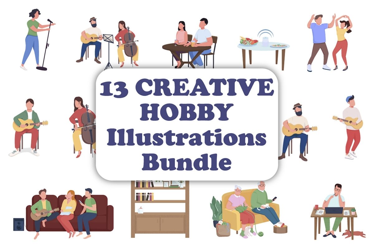 Hobby and pastime semi flat color vector characters bundle