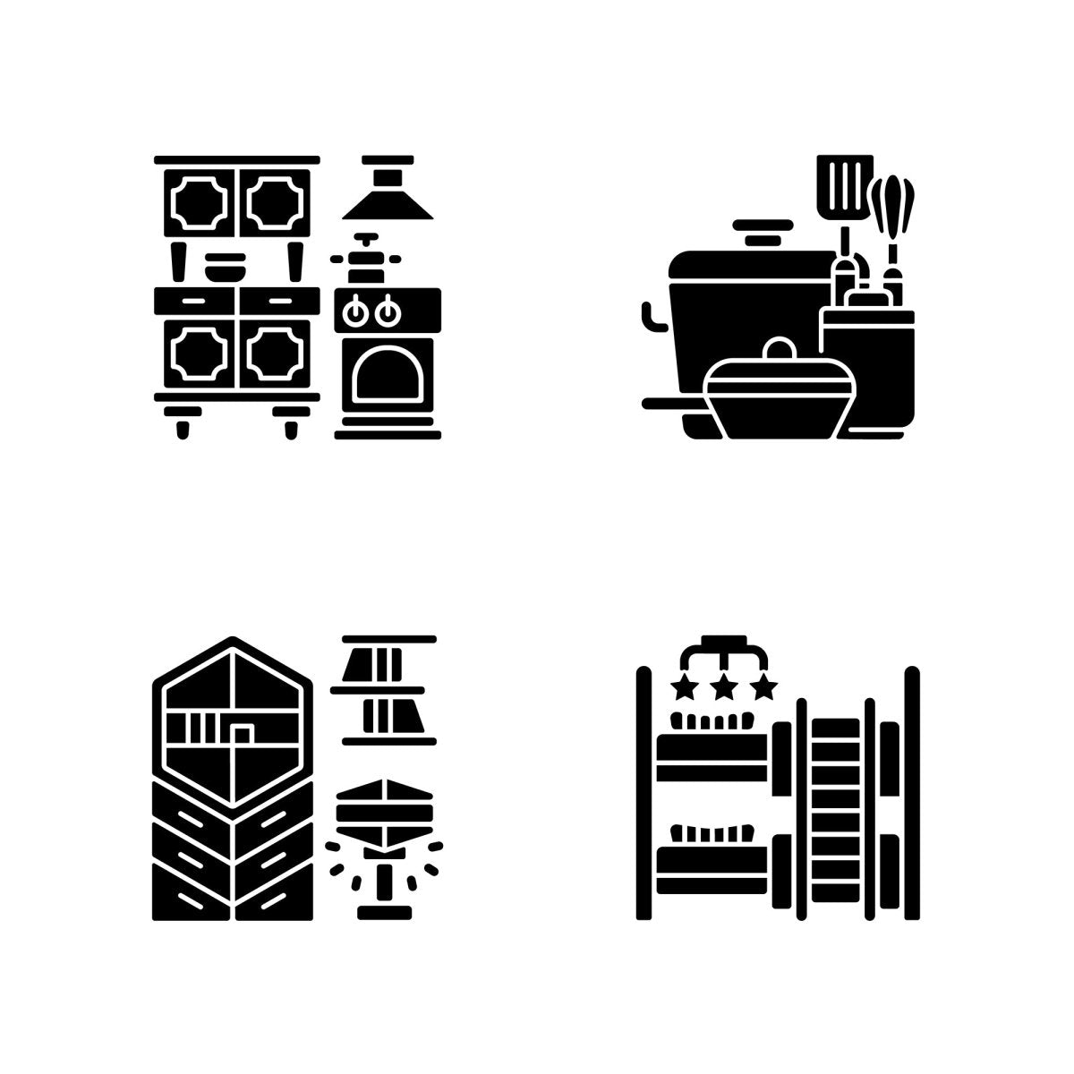 Home and living black glyph icons set on white space