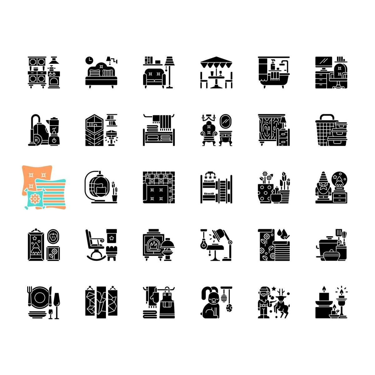 Home and living black glyph icons set on white space