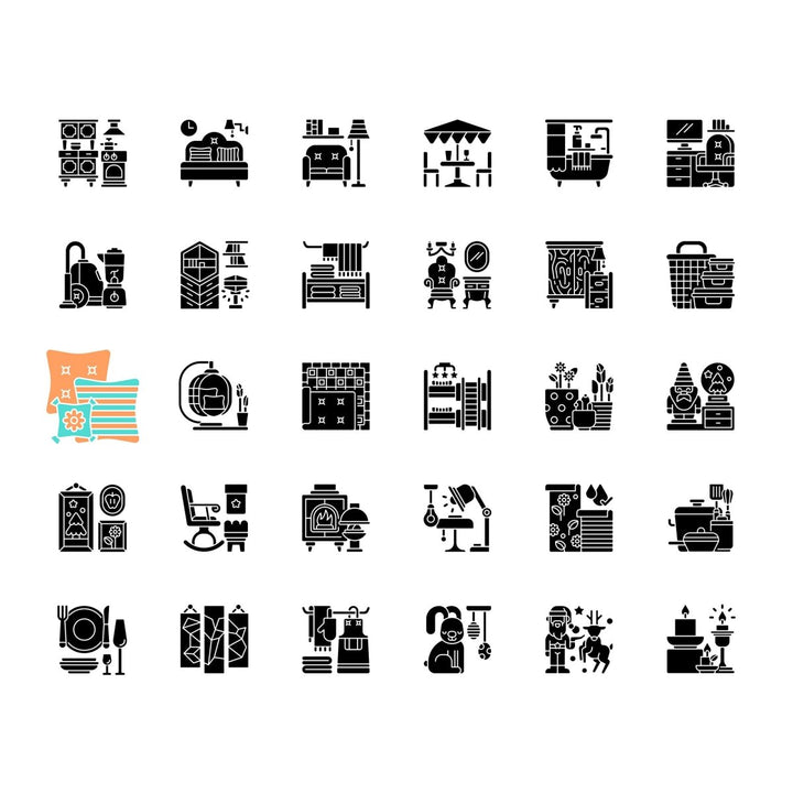 Home and living black glyph icons set on white space