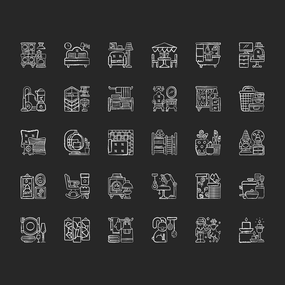 Home and living chalk white icons set on black background