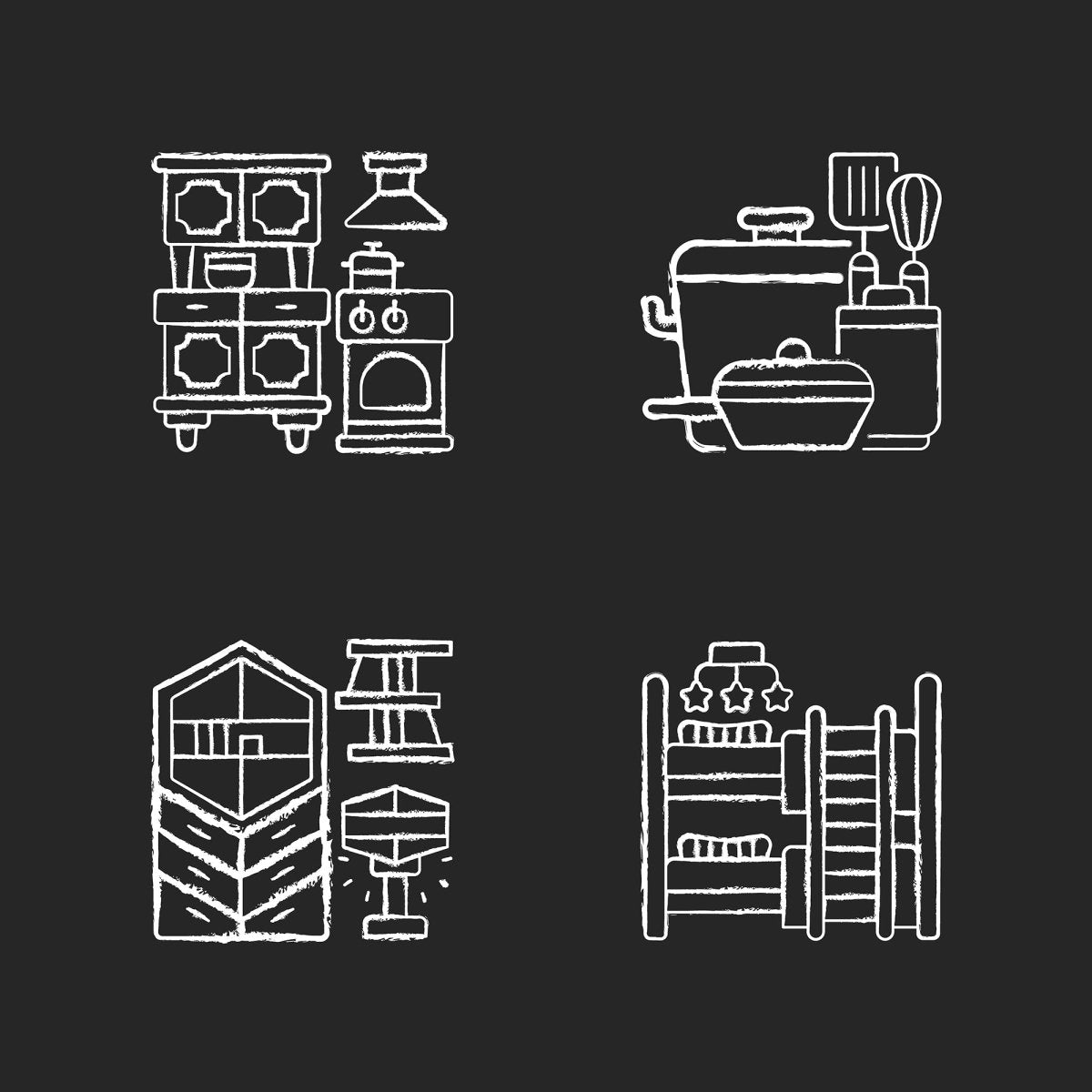 Home and living chalk white icons set on black background