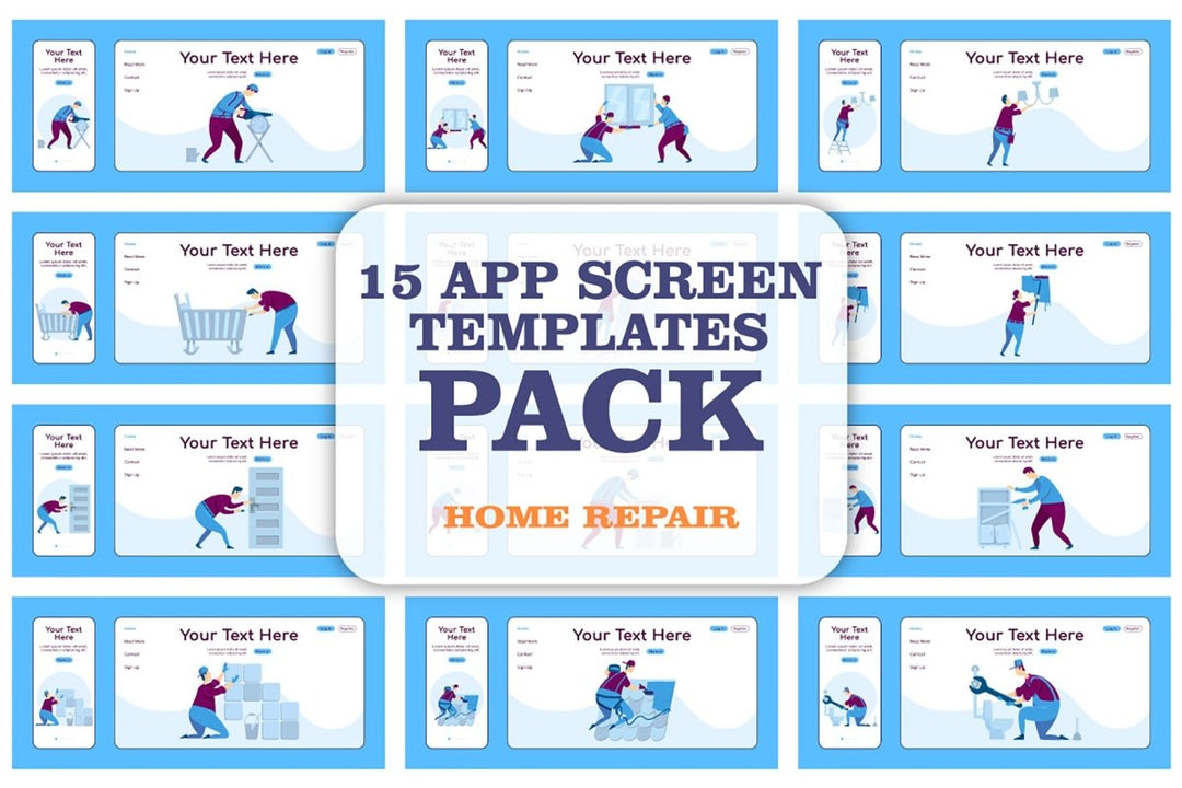 Home repair landing page flat color vector template bundle