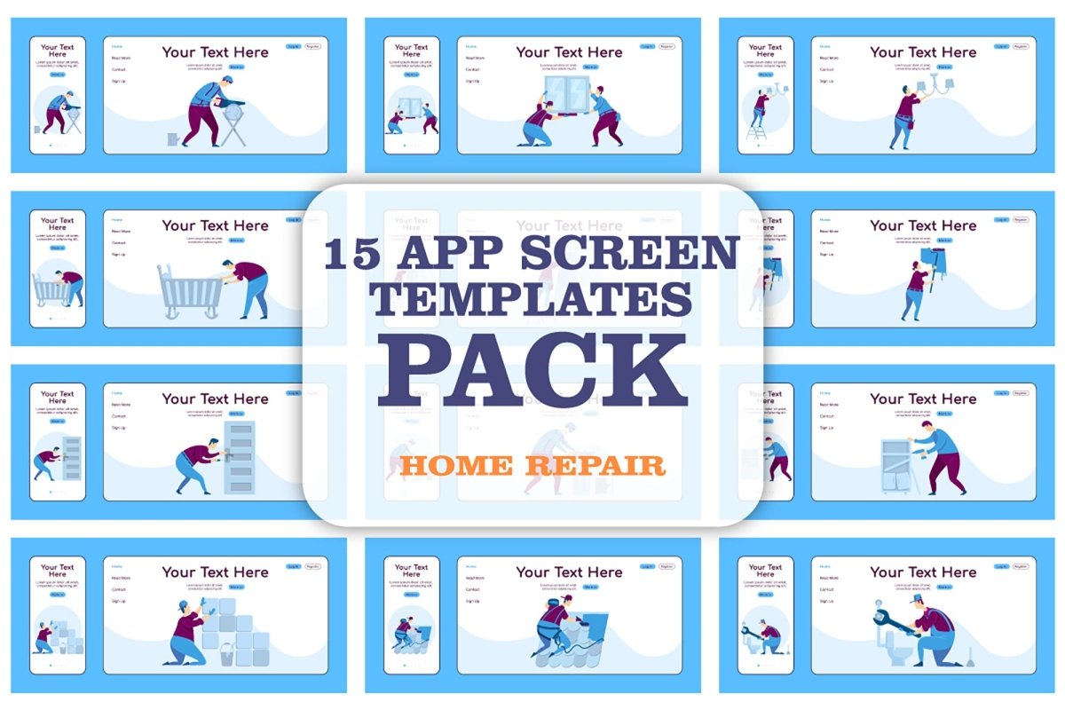 Home repair landing page flat color vector template bundle