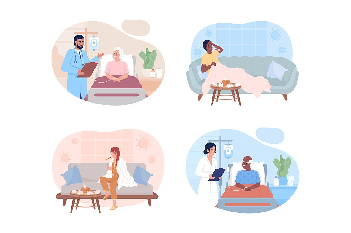 Hospital and domestic treatment 2D vector isolated illustrations set