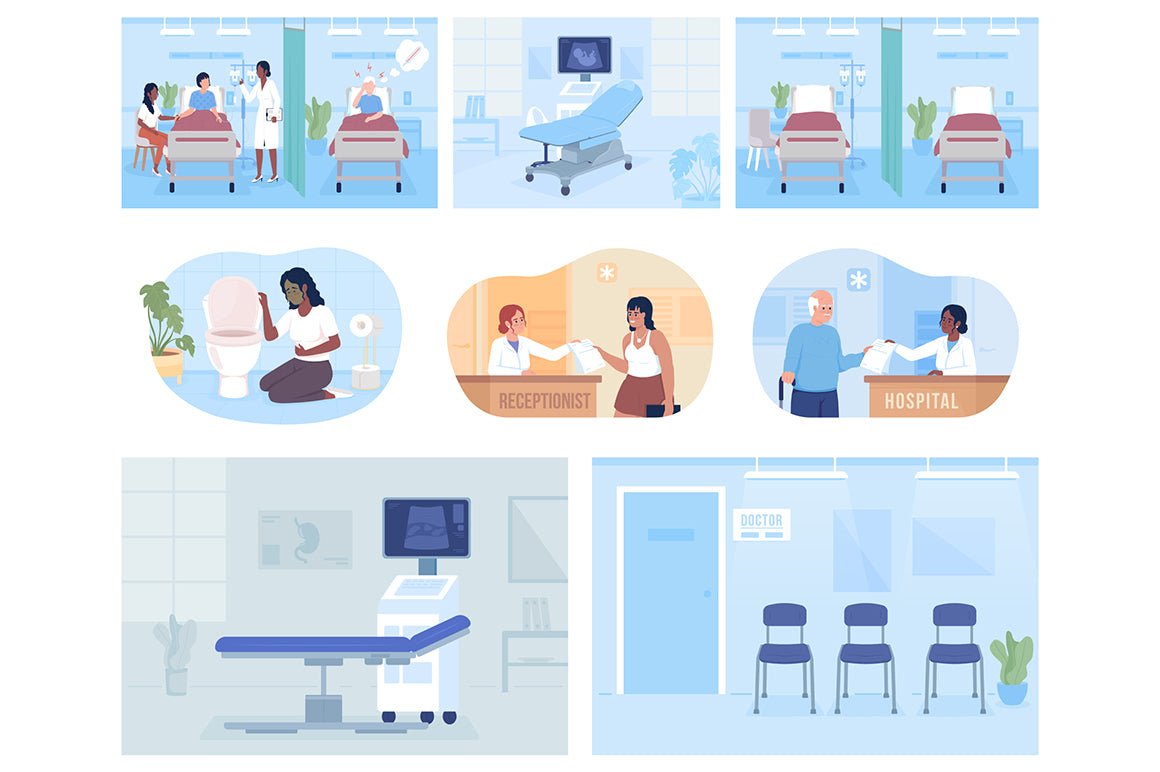 Hospital cabinets and wards vector illustrations set
