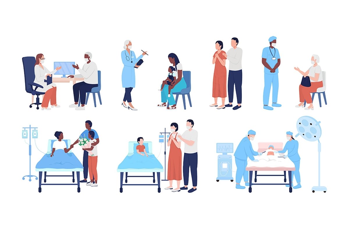 Hospital procedures semi flat color vector character set