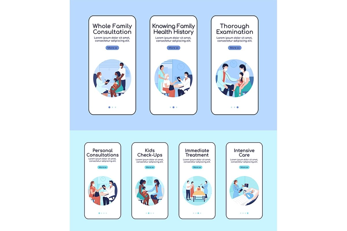 Hospital treatment onboarding mobile app screen flat vector templates