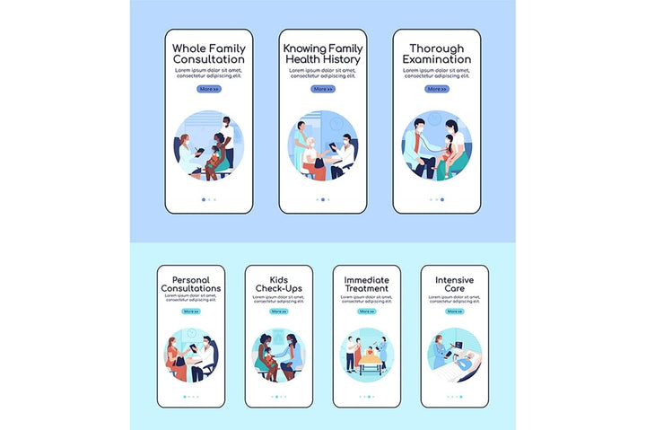 Hospital treatment onboarding mobile app screen flat vector templates