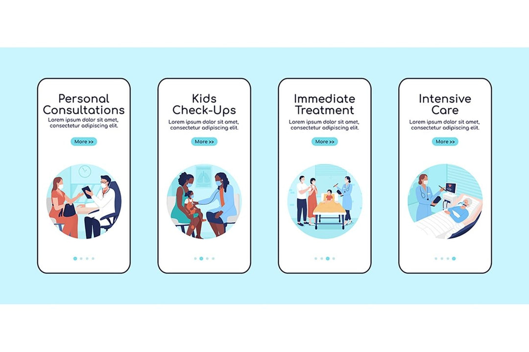 Hospital treatment onboarding mobile app screen flat vector templates