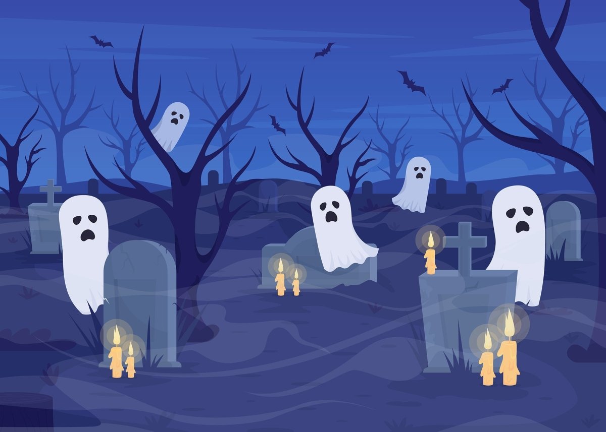 Howling ghosts in cemetery flat color vector illustration