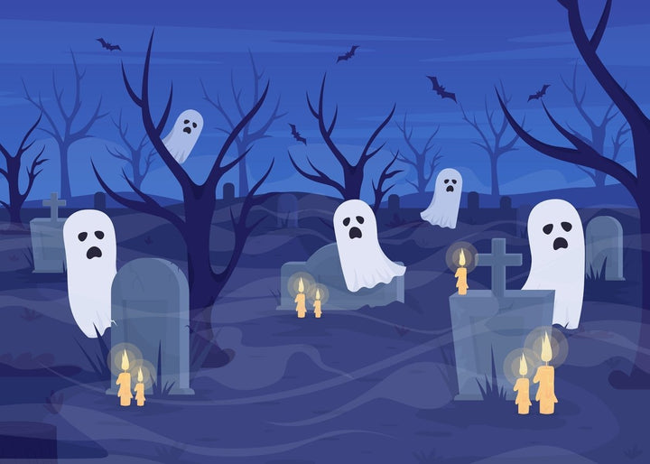 Howling ghosts in cemetery flat color vector illustration