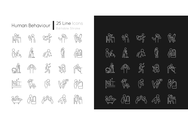 Human behaviour linear icons set for dark and light mode